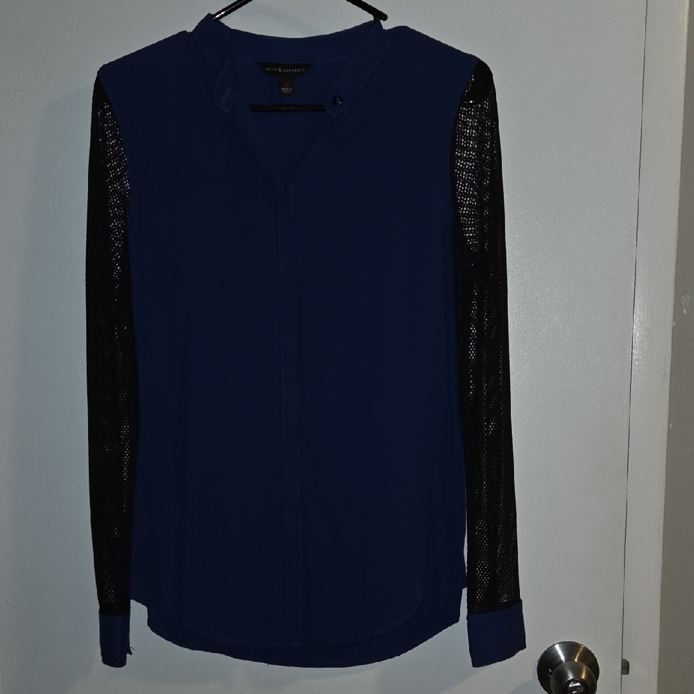 Navy Blouse with Black Net Sleeves